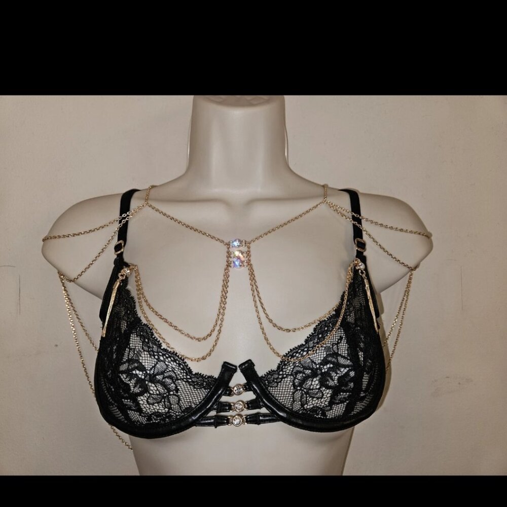 Honey Birdette Makara Bra black lace with gold chains NWT - Picture 8 of 9